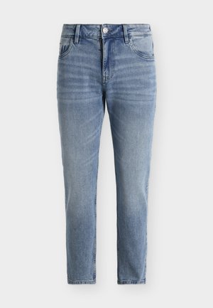 Lyseblå denimjeans med lige ben, fem lommer, bæltestropper og en enkelt knaplukning. Har en diskret falmet struktur.