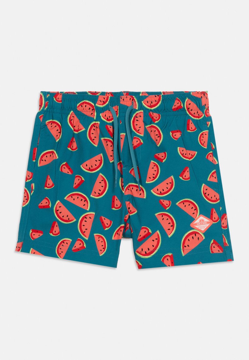 Niebieskie kąpielówki z czerwonym nadrukiem plasterków arbuza, regulowany pas na sznurek oraz boczne kieszenie.