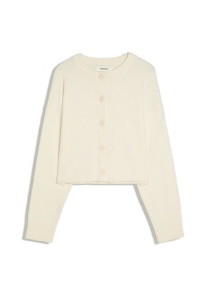 Cream-colored, long-sleeve, cropped cardigan with round neckline and five front buttons from Bershka brand.