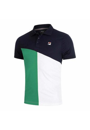 Korte mouwen poloshirt met een marineblauwe bovenkant, groene linkerzijde, witte rechterzijde en een klein FILA-logo op de borst.