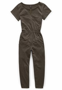 Olijfgroene jumpsuit van zacht materiaal, met korte mouwen, een ronde halslijn, een elastische taille en taps toelopende pijpen.