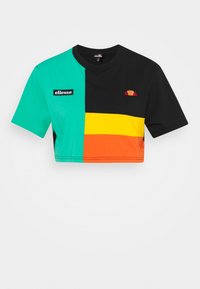 Top corto de manga corta con bloques de color en teal, negro, amarillo y naranja, que presenta parches del logo de ellesse en la parte frontal.