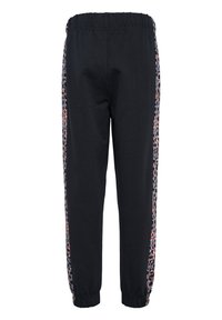Schwarze Jogginghosen mit einem elastischen Bund, die bunte Leopardenmuster-Akzente an der Seite und elastische Bündchen an den Knöcheln aufweisen.