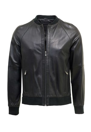 Schwarze Leder-Bomberjacke mit einem Reißverschluss vorne, geripptem Kragen und Bündchen sowie seitlichen Reißverschlusstaschen. Glatte Textur mit taillierter Passform.