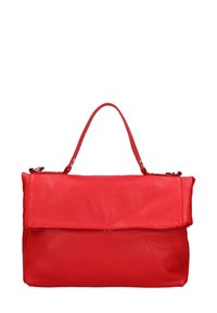 Rode leren handtas met een gestructureerd oppervlak, voorzien van een opklapbare bovenkant en een enkele handgreep. Inclusief zilveren hardware accenten.