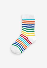 Gestreifte Socke mit mehreren Farben, darunter Weiß, Rot, Orange, Gelb, Grün, Blau und Türkis in gleichmäßigen horizontalen Linien.