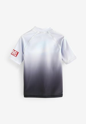Rash guard med en gradientdesign från vit till svart, korta ärmar och en röd "MARVEL"-logotyp på vänster ärm. Tillverkad av syntetiskt material.