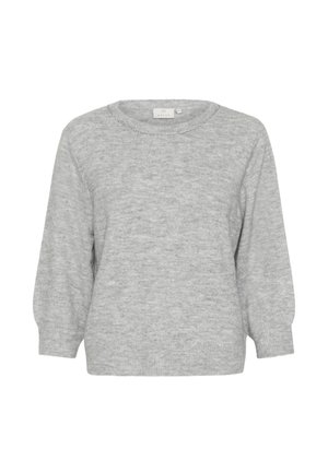 Pull en tricot gris avec un col rond, des manches trois-quarts et une texture subtile. Il présente une bordure décorative autour du cou.