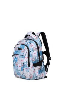 Un sac à dos avec un motif de chats bleu, gris et blanc, fabriqué en matériau durable. Comprend des bretelles rembourrées et plusieurs compartiments zippés.