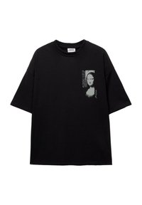 Schwarzes Baumwoll-T-Shirt mit einem Grafikdesign der Mona Lisa auf der linken Brustseite, mit auffälligem weißen Text und einem lässigen Schnitt.