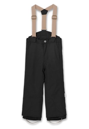 Sorte isolerede snebukser med beige justerbare seler og elastiske fodstropper, designet til udendørsaktiviteter i koldt vejr.