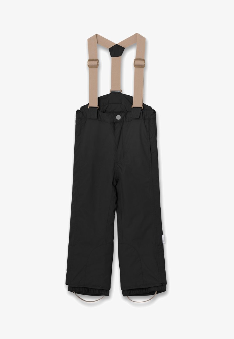 Pantalon de neige isolé noir avec bretelles ajustables beige et sangles élastiques aux pieds, conçu pour les activités en extérieur par temps froid.