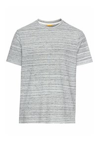 Kortærmet t-shirt lavet af letvægtsstof, prydet med et gråt og hvidt stribet mønster. Klassisk rund halsudskæring med en subtil tekstur.