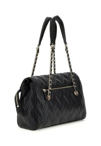 Borsa a tracolla nera trapuntata con catene argentate, dotata di una tasca con zip e una forma strutturata. Realizzata in pelle liscia con motivo a zig zag.