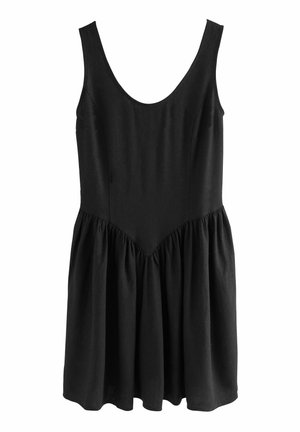 Schwarzes ärmelloses Kleid aus leichtem Stoff, mit tailliertem Oberteil, schwingendem Rock und rundem Ausschnitt mit geraffter Taille.