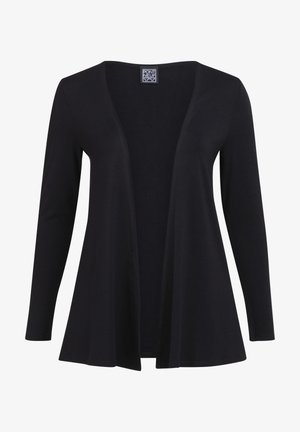 Juodas ilgomis rankovėmis kardiganas, pagamintas iš minkštos medžiagos, su atviru priekiu, laisvu siluetu ir tekantiniu dizainu. Etiketės matomos prie kaklo.