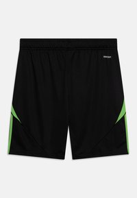 Svarte treningsshortser med grønne detaljer, med elastisk midje og en logo på framsiden. Laget av lett, glatt materiale.