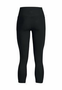 Leggings neri a coste con un alto punto vita, caratterizzati da una texture liscia e una forma aderente. Senza loghi o motivi visibili.