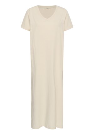 Beiges Maxikleid mit kurzen Ärmeln, V-Ausschnitt, geradem Schnitt und schlichtem, minimalistischen Design.