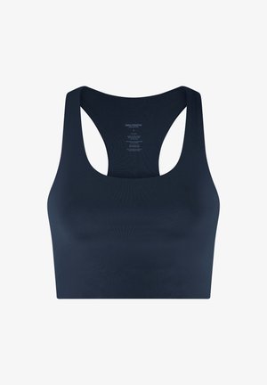 Tengerészkék, varrás nélküli sportmelltartó versenyháti kialakítással és széles vállpántokkal, sima, rugalmas anyagból.
