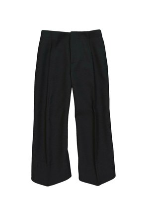 Zwarte broek met wijde pijpen, hoge taille en plooien aan de voorkant, plat gelegd op een witte achtergrond.