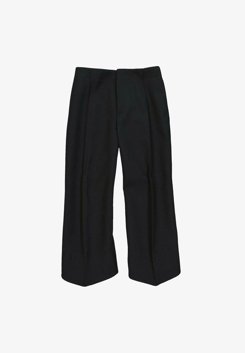 Pantalon noir à jambes larges, taille haute avec plis sur le devant, posé à plat sur un fond blanc.