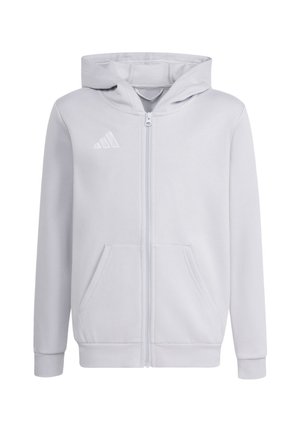 Hellgrauer Kapuzenpullover mit durchgehendem Reißverschluss, Fronttaschen, elastischen Bündchen, Kapuze und kleinem weißem Adidas-Logo auf der Brust.