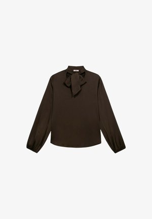 Braune langärmlige Bluse aus Seide mit hohem Kragen und einer Schleifen-Akzentuierung. Verfügt über gepuffte Ärmel und einen leicht geschwungenen Saum.