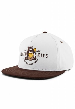 White cap with a brown visor, featuring an embroidered bear holding ice cream and text. Made of fabric with a structured design.