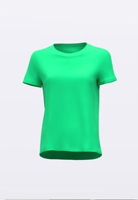 Maglietta verde brillante a maniche corte con scollatura tonda, design semplice, esposta su uno sfondo grigio chiaro.