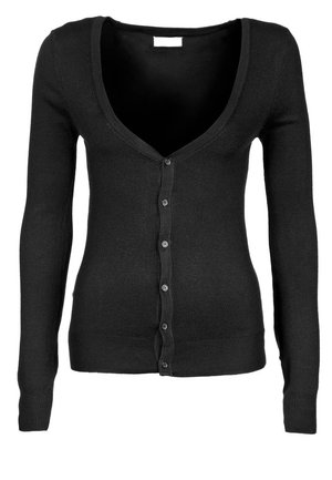 Schwarze Langarm-V-Ausschnitt-Strickjacke mit Knopfleiste vorne und gerippten Bündchen sowie Saum, dargestellt vor weißem Hintergrund.