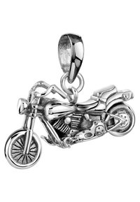 Silver motorcykelhänge med intrikata detaljer, realistiska hjul och en polerad yta. Inkluderar en ögla för fäste.