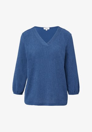Modrá textúrovaná blúzka s dlhým rukávom, V-výstrihom a elastickými manžetami, veľkosť 36, značka viditeľná vo vnútri goliera.