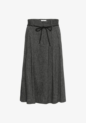 Grey, mid-length skirt made from a soft, textured fabric. Features a wide waistband with a black drawstring tie and pleats for volume.