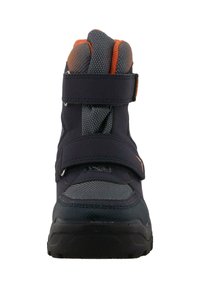 Kinder-Sneaker in Schwarz und Orange mit hohem Schaft, zwei verstellbaren Klettverschlüssen und strukturiertem Mesh-Gewebe.