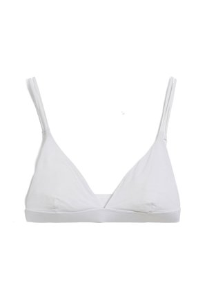 Weißes Dreiecks-Bralette aus weichem, dehnbarem Stoff. Verfügt über dünne Träger und ein verstärktes Band am unteren Ende zur Unterstützung.