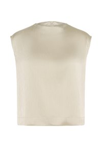 Top sans manches dans une douce couleur crème, avec un tissu texturé et légèrement brillant. Le design présente un décolleté rond et un ourlet droit.