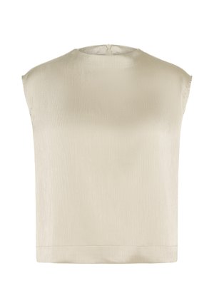 Sleeveless top in a soft cream color, featuring a textured, slightly shiny fabric. The design has a round neckline and a straight hem.