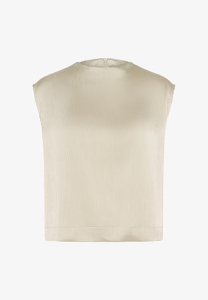 Bezrukávý top v jemné krémové barvě, vyrobený z texturované, mírně lesklé látky. Design má kulatý výstřih a rovný lem.
