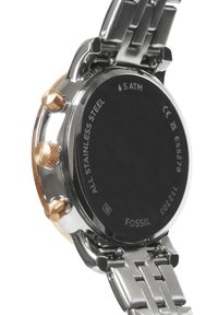 Stainless steel horloge met een zwarte achterkant, drie vergulde drukknoppen en een zilveren armband. Waterdicht tot 5 ATM, model ES5279.