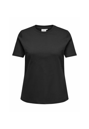 T-shirt preta de algodão com mangas curtas, decote redondo e um ajuste descontraído. Apresenta uma textura suave e sem padrões ou detalhes visíveis.