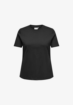 T-shirt preta de algodão com mangas curtas, decote redondo e um ajuste descontraído. Apresenta uma textura suave e sem padrões ou detalhes visíveis.