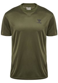 Olivgrön kortärmad tränings t-shirt med rund hals och liten mörk hummel-logotyp på vänster bröst.
