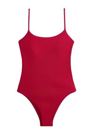 Maillot de bain une pièce rouge avec fines bretelles et encolure dégagée, fabriqué en tissu texturé.