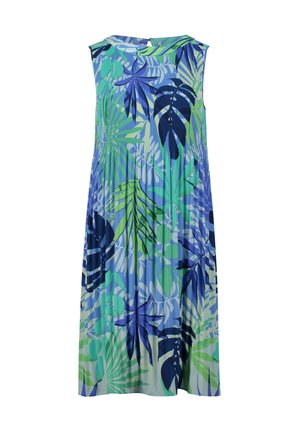Robe midi plissée sans manches avec un motif de feuilles tropicales bleu et vert et un col rond haut.