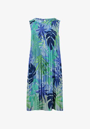 Robe midi plissée sans manches avec un motif de feuilles tropicales bleu et vert et un col rond haut.