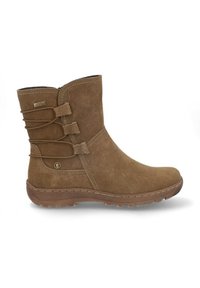Botas impermeables de gamuza marrón hasta la mitad de la pantorrilla, con cordones elásticos envolventes y suela de goma texturizada para mayor tracción.