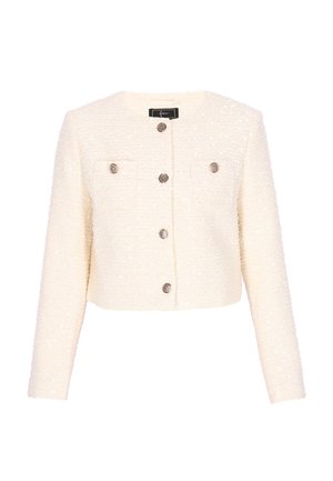 Cremefarbene, strukturierte, kurze Jacke mit langen Ärmeln, vorderen Metallknöpfen und zwei Brusttaschen.