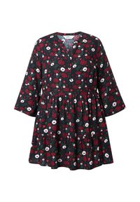 Blumenkleid mit dunklem Hintergrund und roten, weißen und grünen Mustern. Es hat einen V-Ausschnitt, Dreiviertelärmel und einen ausgestellten Rock.