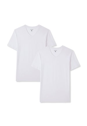Due t-shirt bianche a scollo a V realizzate in morbido cotone. Ognuna presenta maniche corte e una vestibilità comoda. L'etichetta indica la taglia XL.